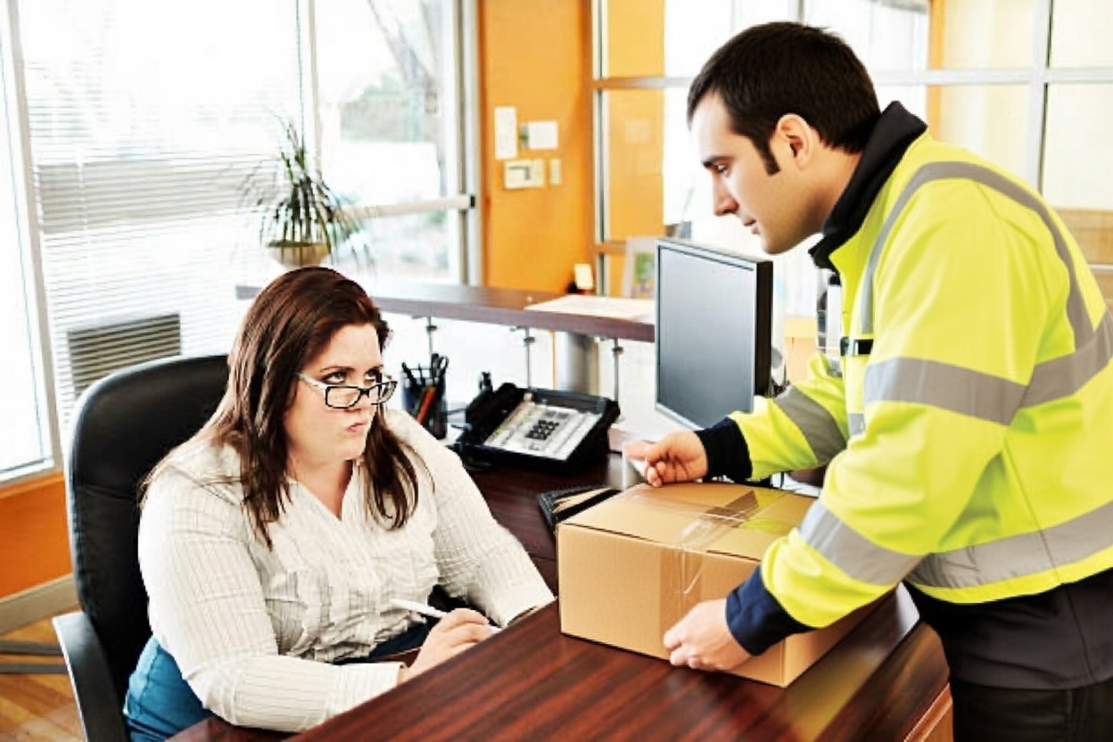 Professional delivery driver managing difficult customer interaction with calm communication