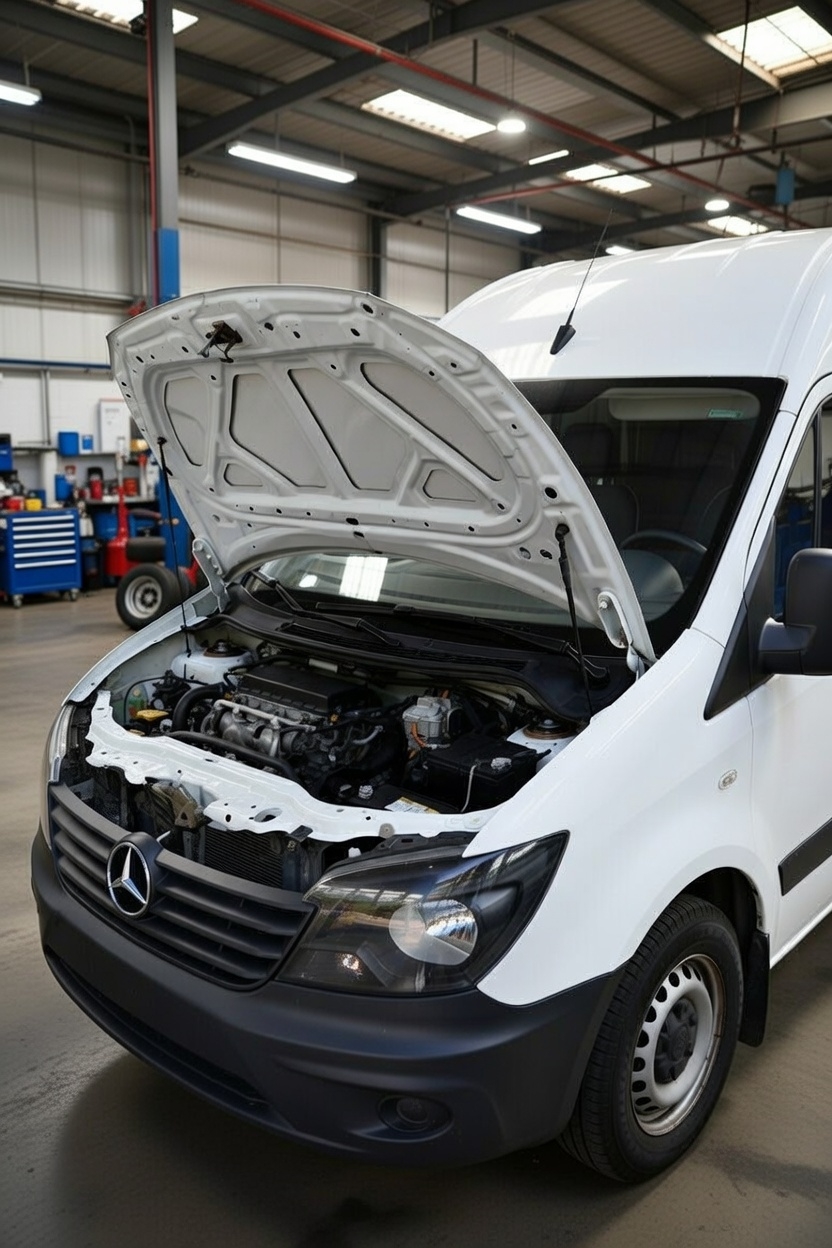 Courier driver performing essential vehicle safety maintenance check